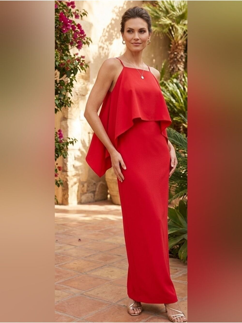 🇺🇸 Trina Turk Red Maxi Layered Dress Draped Women's Size 2